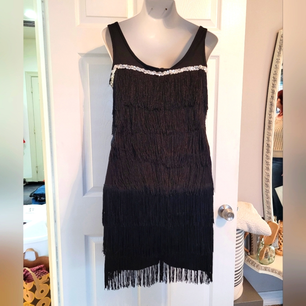 Tiered Fringe fancy scoop neck Dress Can Be Flapper Or Western, Black Sz Large - Picture 3 of 7
